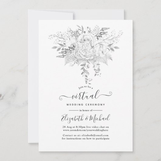 Wit en Zilver  Rozen Virtuele bruiloft Kaart (Voorkant)