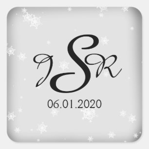 Wit en Zilver Sneeuwvlok Bruiloft Monogram Vierkante Sticker