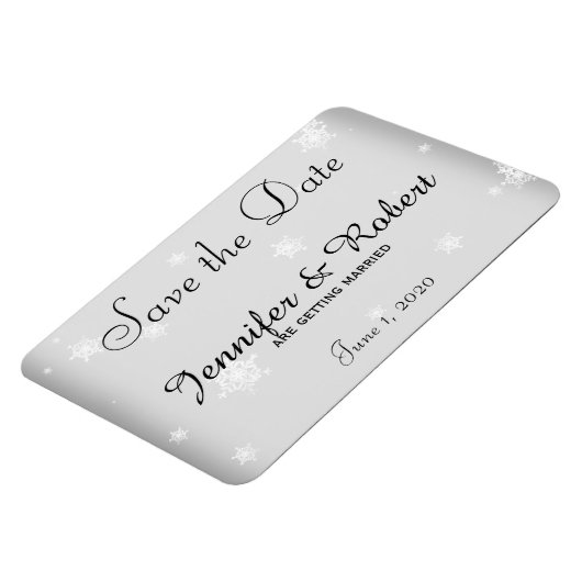 Wit en Zilver Sneeuwvlok Bruiloft Save the Date Magneet (Linkerzijde)