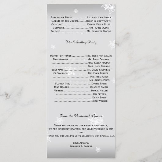 Wit en Zilver Sneeuwvlok Trouwprogramma Programmakaart (Achterkant)