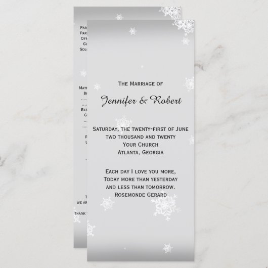 Wit en Zilver Sneeuwvlok Trouwprogramma Programmakaart (Voorkant / Achterkant)