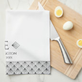 Wit-en-zwart art-deco-waaier diamanten monogram theedoek (Quarter Fold)