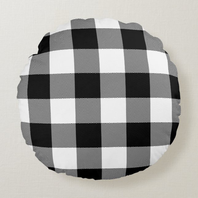 Wit en zwart Chevron Buffalo Plaid Rond Kussen (Voorkant)