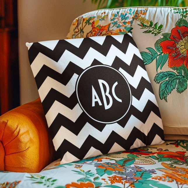 Wit en zwart Chevron-monogram Kussen (White and Black Chevron Monogram Throw Pillow)