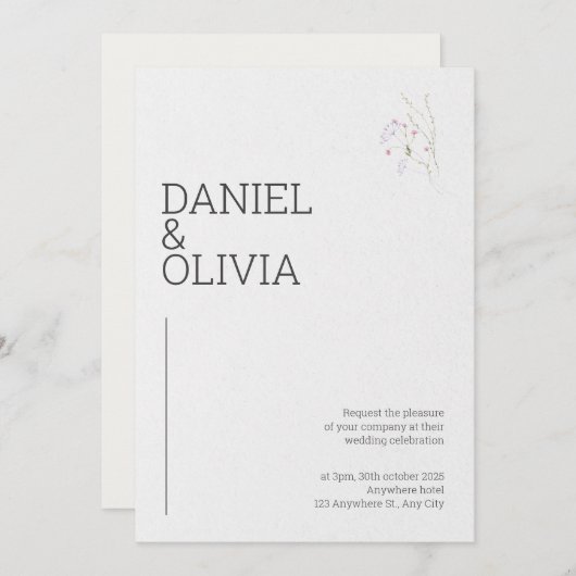 Wit en zwart eenvoudig minimalistisch bloem bruilo kaart (Voorkant / Achterkant)
