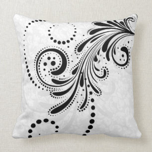 Wit en zwart Elegant Bloemen Swirl Kussen