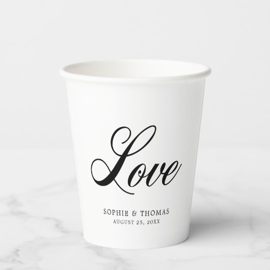 Wit en zwart Elegant Cursive Love Paper Cups Papieren Bekers (Achterkant)