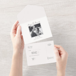 wit en zwart elegante afbeelding RSVP Huwelijk All In One Uitnodiging