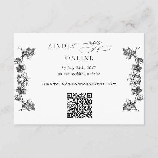 Wit en zwart Floral QR Code RSVP Weddenschap Informatiekaartje (Voorkant)