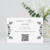 Wit en zwart Floral QR Code RSVP Weddenschap Informatiekaartje (Staand voorkant)