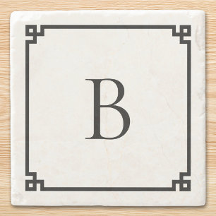 Wit en zwart Griekse sleutelrand elegante monogram Stenen Onderzetter