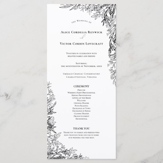 Wit en Zwart Groen Bruiloft Flat Programmakaart (Voorkant)