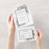 Wit en Zwart Groen Bruiloft Monogram All In One Uitnodiging (Afscheurbaar)