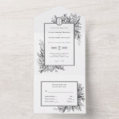 Wit en Zwart Groen Bruiloft Monogram All In One Uitnodiging (Binnen)