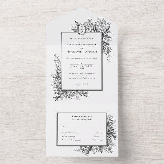 Wit en Zwart Groen Bruiloft Monogram All In One Uitnodiging (Binnen)