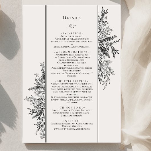 Wit en Zwart Groen Bruiloft Monogram Details Informatiekaartje