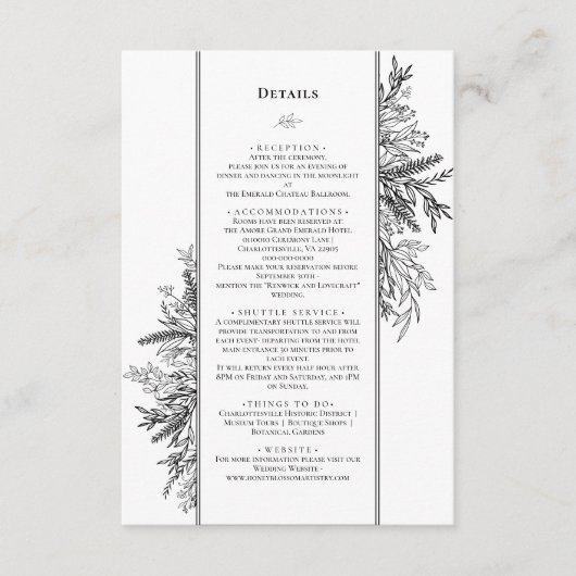 Wit en Zwart Groen Bruiloft Monogram Details Informatiekaartje (Voorkant)