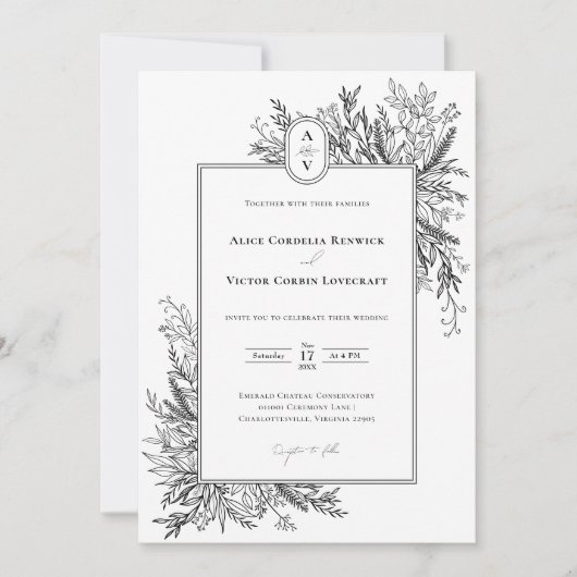 Wit en Zwart Groen Bruiloft Monogram Details Kaart (Voorkant)