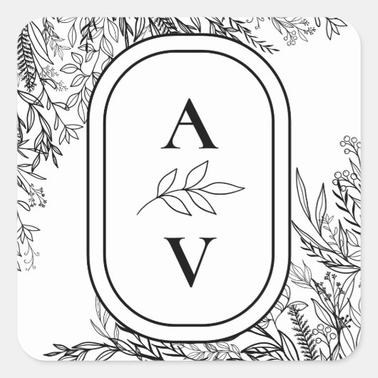 Wit en Zwart Groen Bruiloft Monogram Vierkante Sticker (Voorkant)