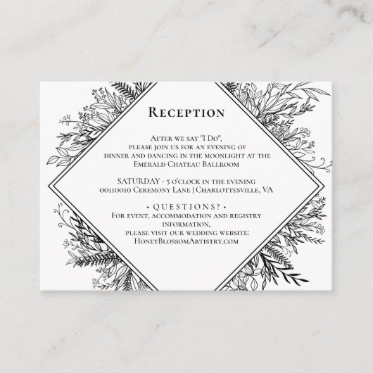 Wit en zwart groen bruiloft receptie informatiekaartje (Voorkant)