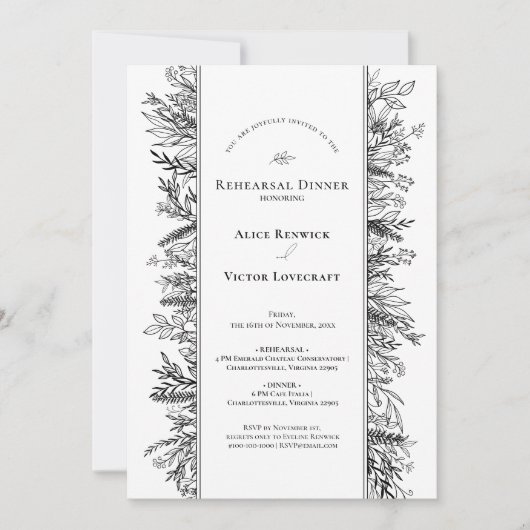 Wit en zwart groen bruiloft repetitie diner kaart (Voorkant)