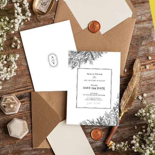 Wit en zwart groen bruiloft save the date