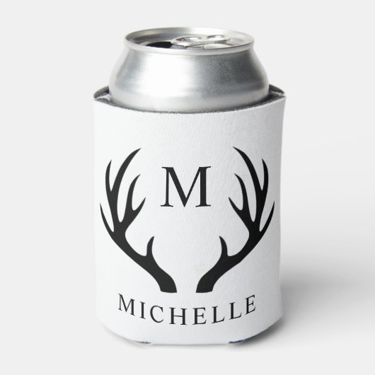  wit en zwart hertengewei monogram blikjeskoeler (Blikje Voorkant)