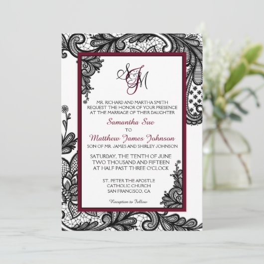 Wit en Zwart Kant Bruiloft Uitnodiging Kaart (Staand voorkant)