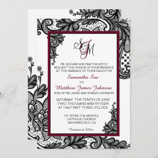 Wit en Zwart Kant Bruiloft Uitnodiging Kaart (Voorkant / Achterkant)