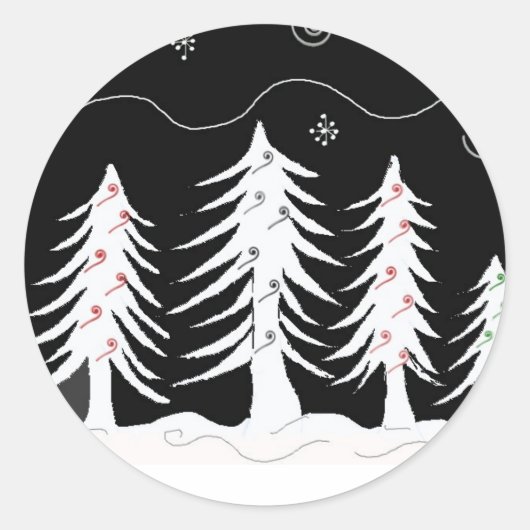 Wit en zwart kersttafereel ronde sticker (Voorkant)