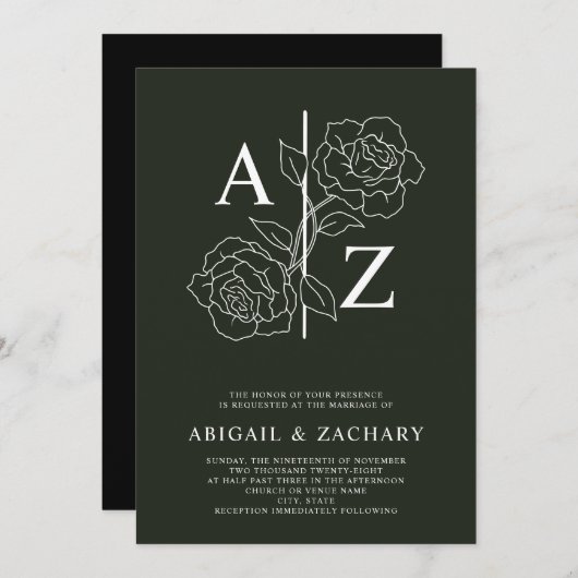 Wit en Zwart Minimale Monogram Bruiloft Kaart (Voorkant / Achterkant)