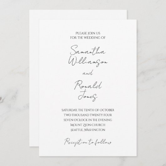 Wit en zwart minimalistische kalligrafie bruiloft kaart (Voorkant / Achterkant)