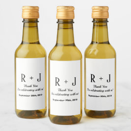 Wit en Zwart Monogram Dank u Bruiloft Mini Wijn Etiket