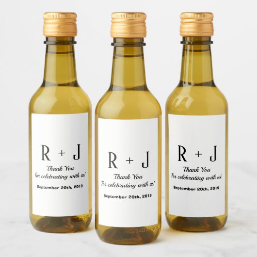 Wit en Zwart Monogram Dank u Bruiloft Mini Wijn Etiket (Flessen)