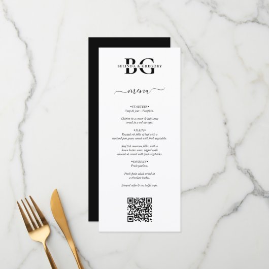 Wit en zwart Monogram Initialen QR Code Trouwen Menu (Voorkant / Achterkant in situ)