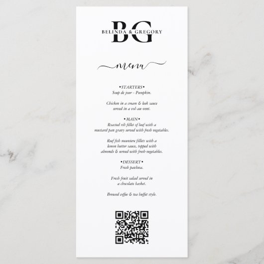 Wit en zwart Monogram Initialen QR Code Trouwen Menu (Voorkant)