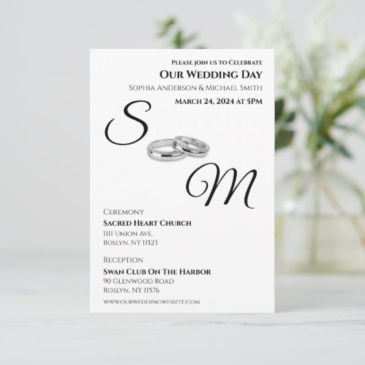 Wit en zwart-monogram-trouwringen- kaart (Staand voorkant)