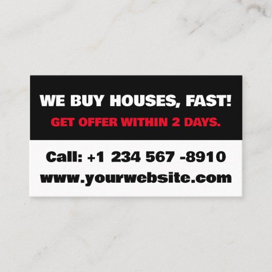 Wit en zwart onroerend goed belegger Wij kopen hui Visitekaartje (Voorkant)