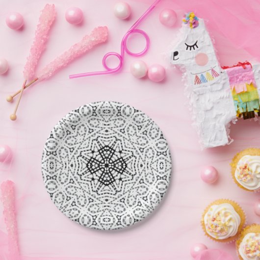 Wit en zwart opengewerkte geometrische patroon Els Papieren Bordje (Feest)