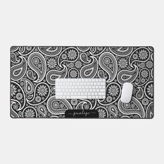 Wit en zwart paisley patroon aangepaste monogram bureaumat (Keyboard & Muis)