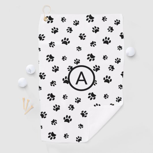 Wit en zwart pootafdruk monogram golfhanddoek (Insitu)