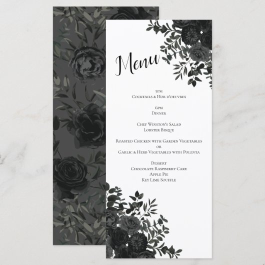 Wit en zwart Roos Gothic Wedding Menu (Voorkant / Achterkant)