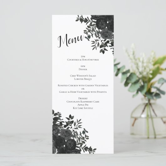 Wit en zwart Roos Gothic Wedding Menu (Staand voorkant)