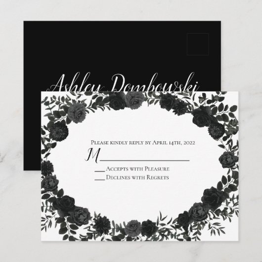 Wit en zwart Roos Gotische bruiloft antwoord Kaart (Voorkant / Achterkant)