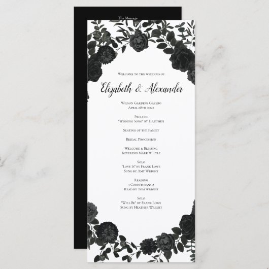 Wit en zwart Roos gotische bruiloft programma's (Voorkant / Achterkant)