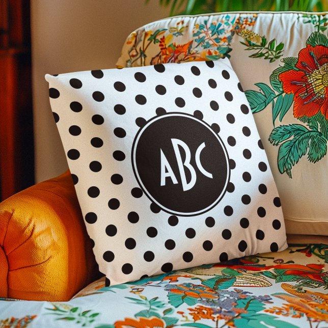 Wit en zwart Stippen Monogram Kussen (White and Black Polka Dot Monogram Throw Pillow)