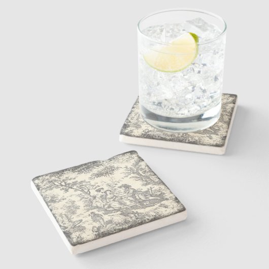  wit en zwart Toile de Jouy paar Stenen Onderzetter (Zijkant)