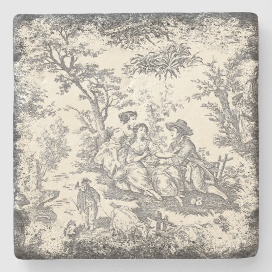  wit en zwart Toile de Jouy paar Stenen Onderzetter (Voorkant)