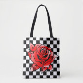 Wit en zwart vierkant en rode roos tote bag (Voorkant)