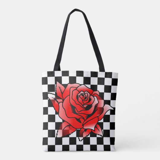 Wit en zwart vierkant en rode roos tote bag (Achterkant)